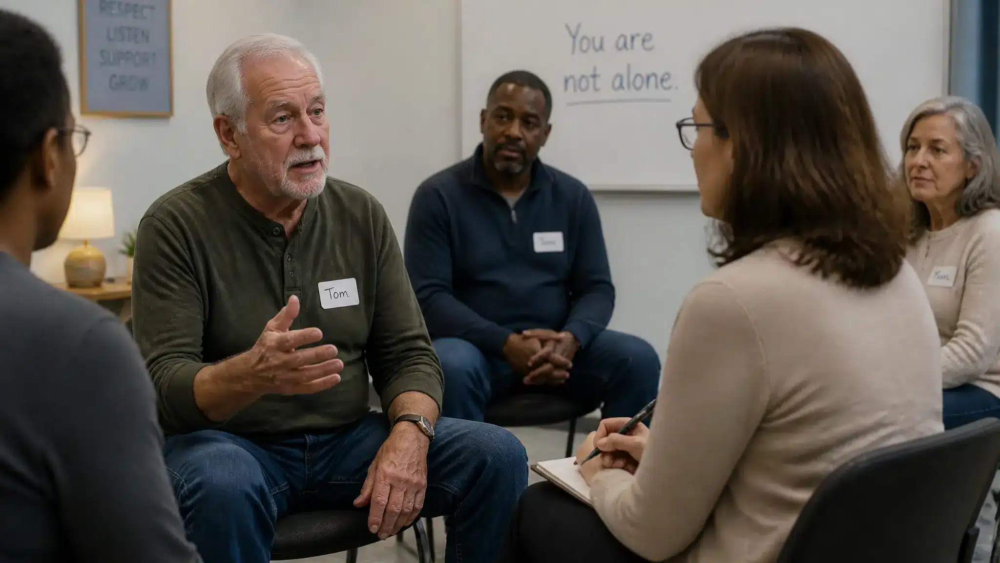 an old man explaining something to a group of people