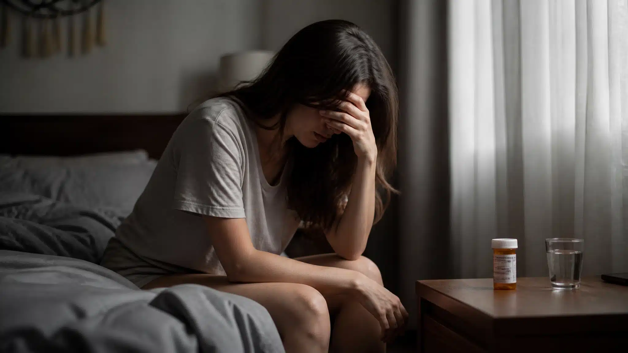 A distressed young woman sits on a bed with her head in her hand beside a glass of water and a prescription medicine bottle.