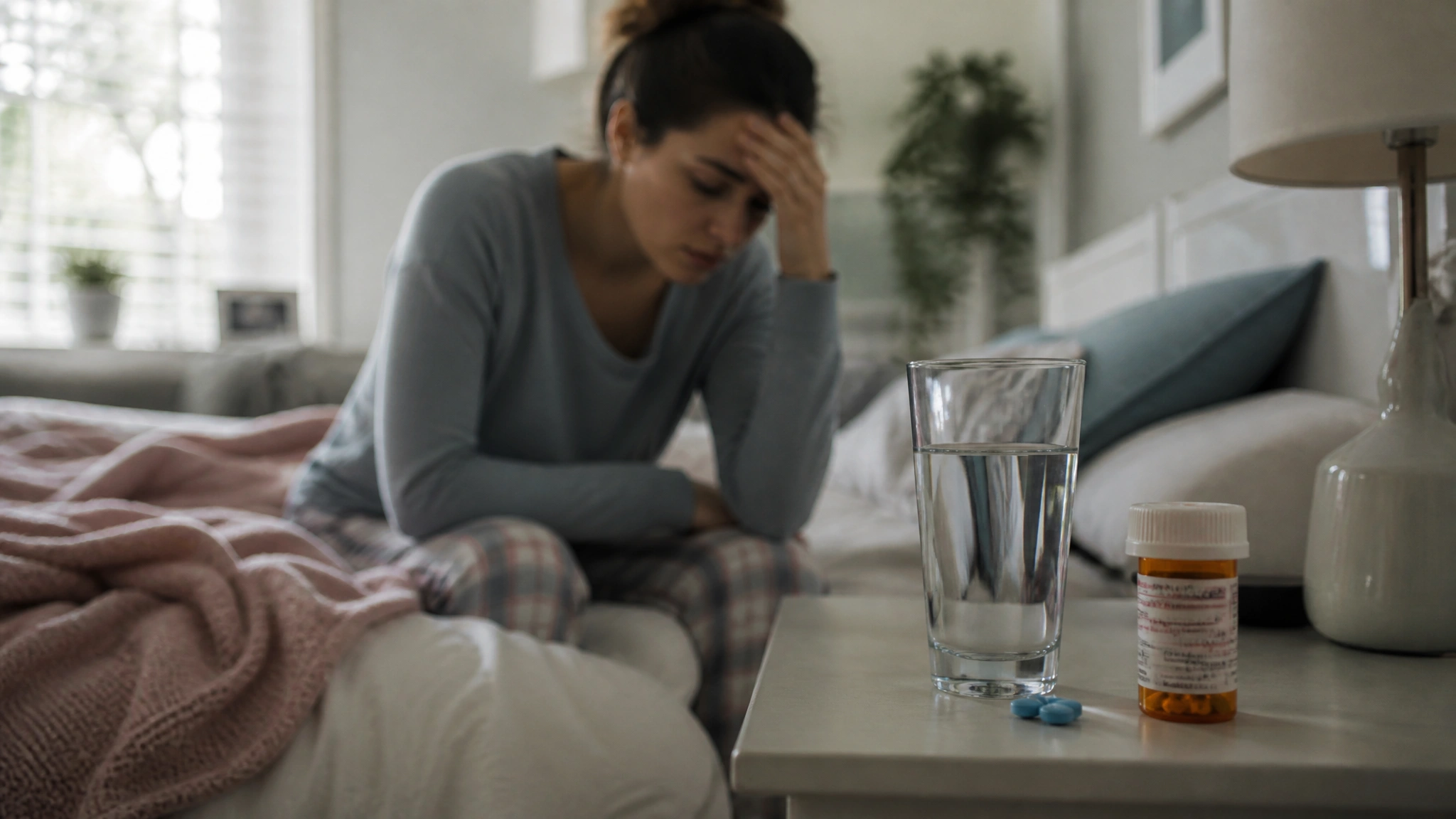 A glass of water, prescription medicine bottle, and pills sit on a bedside table while a worried woman rests on a bed in the background.