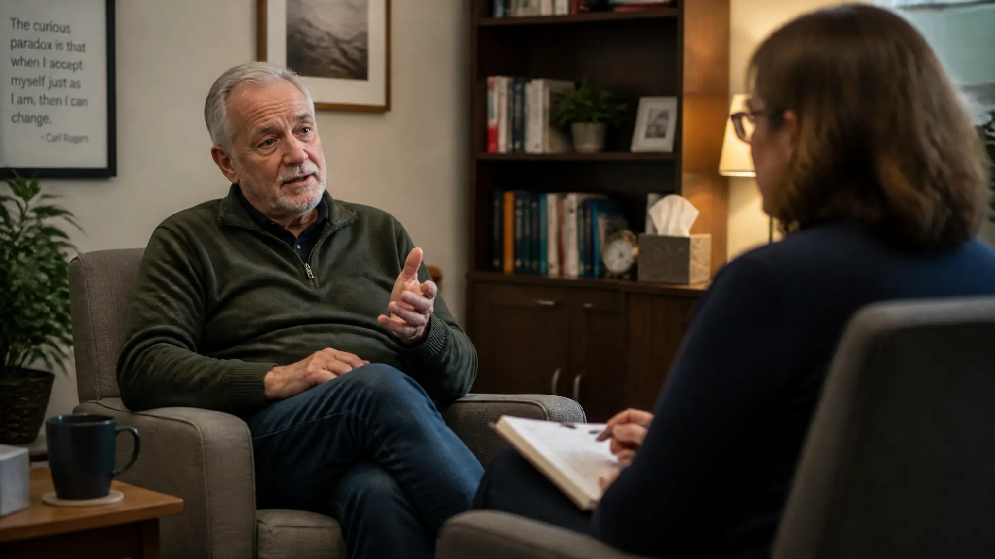 Older man speaking with a therapist during a private counseling session
Title: Older man speaking with a therapist during a private counseling session