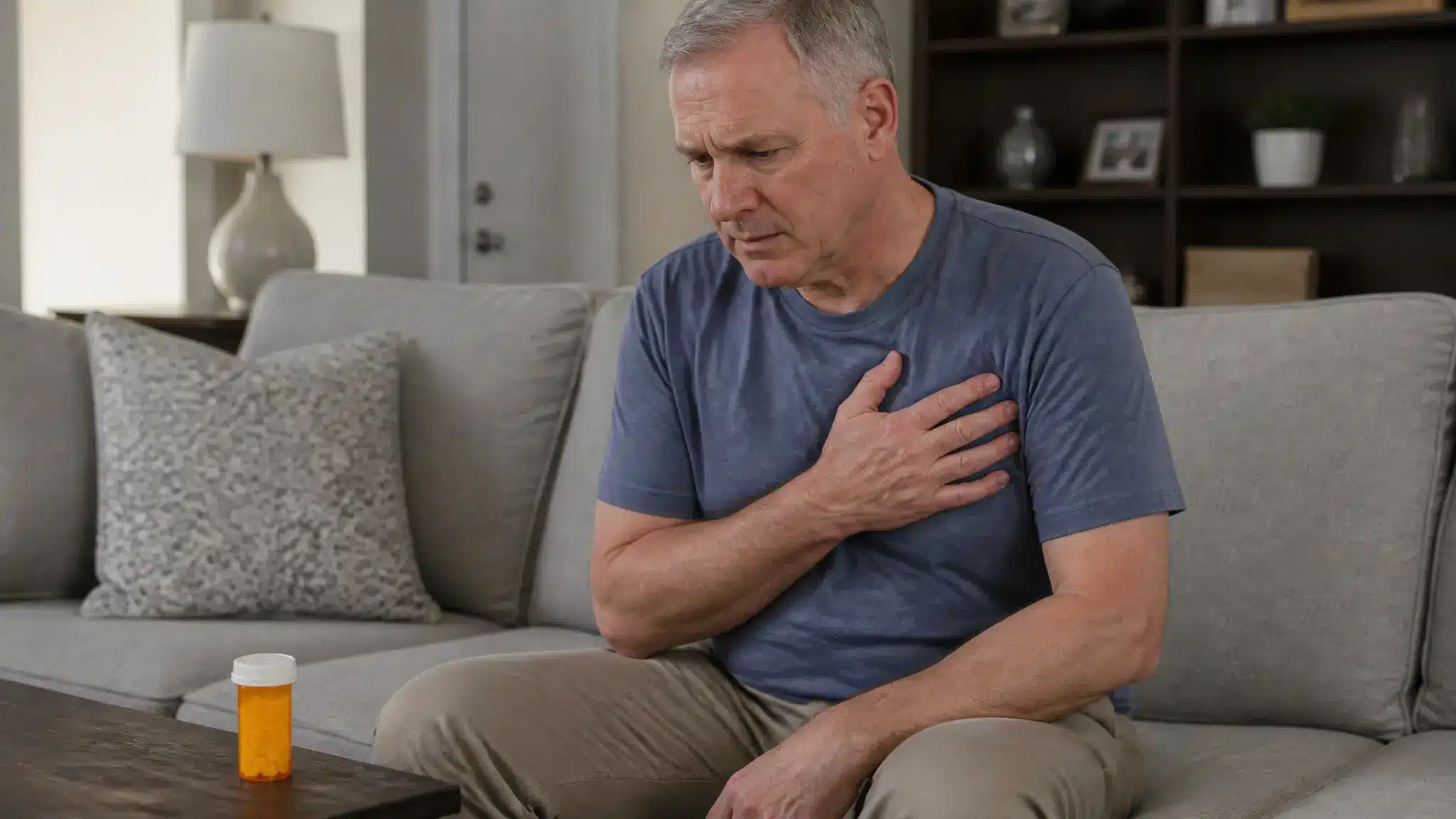 Person holding their chest beside a prescription pill bottle after stimulant misuse.