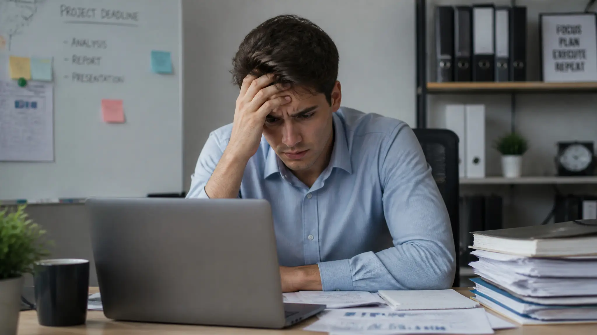 young male in an office environment looking stressed