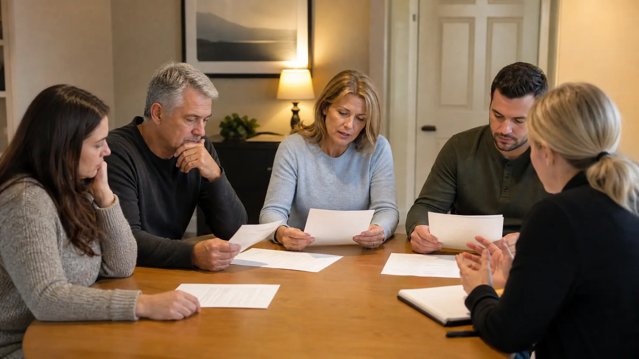 Family members preparing and rehearsing intervention statements with professional guidance.