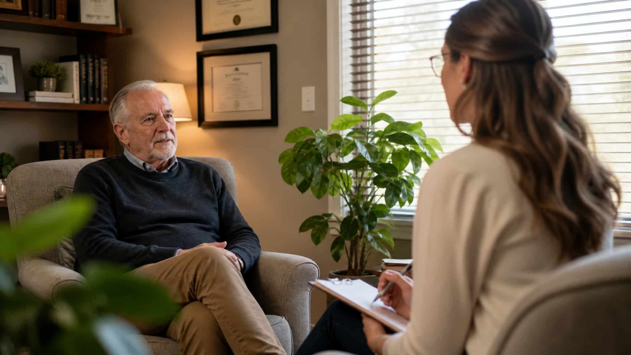 Older man speaking with a female clinician during a warm, supportive counseling session in a comfortable professional office.