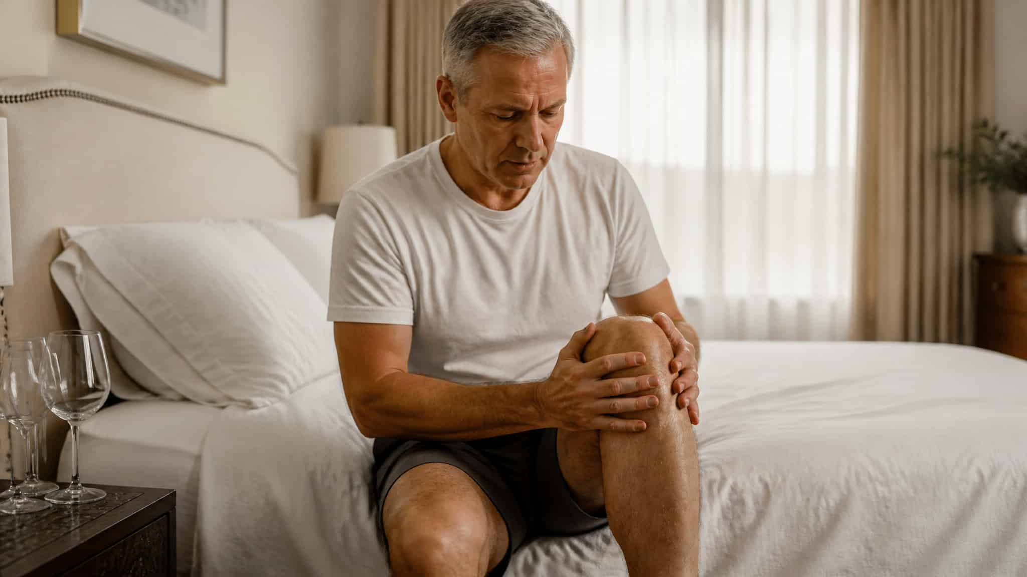 Middle-aged man sitting on a bed and holding his knee in a softly lit bedroom.