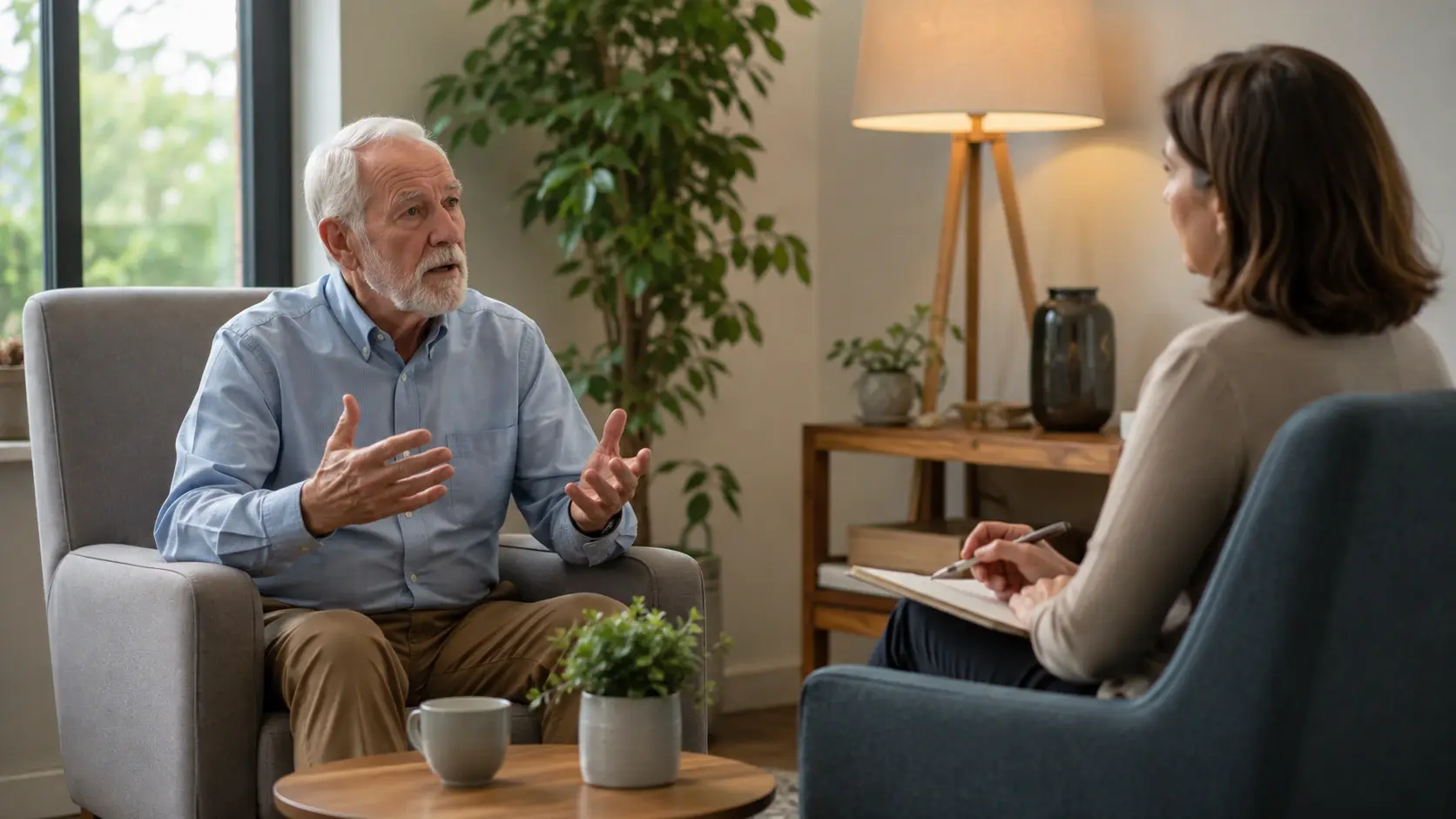 Older man speaking with a female counselor during a private therapy session in a calm, bright counseling room.
