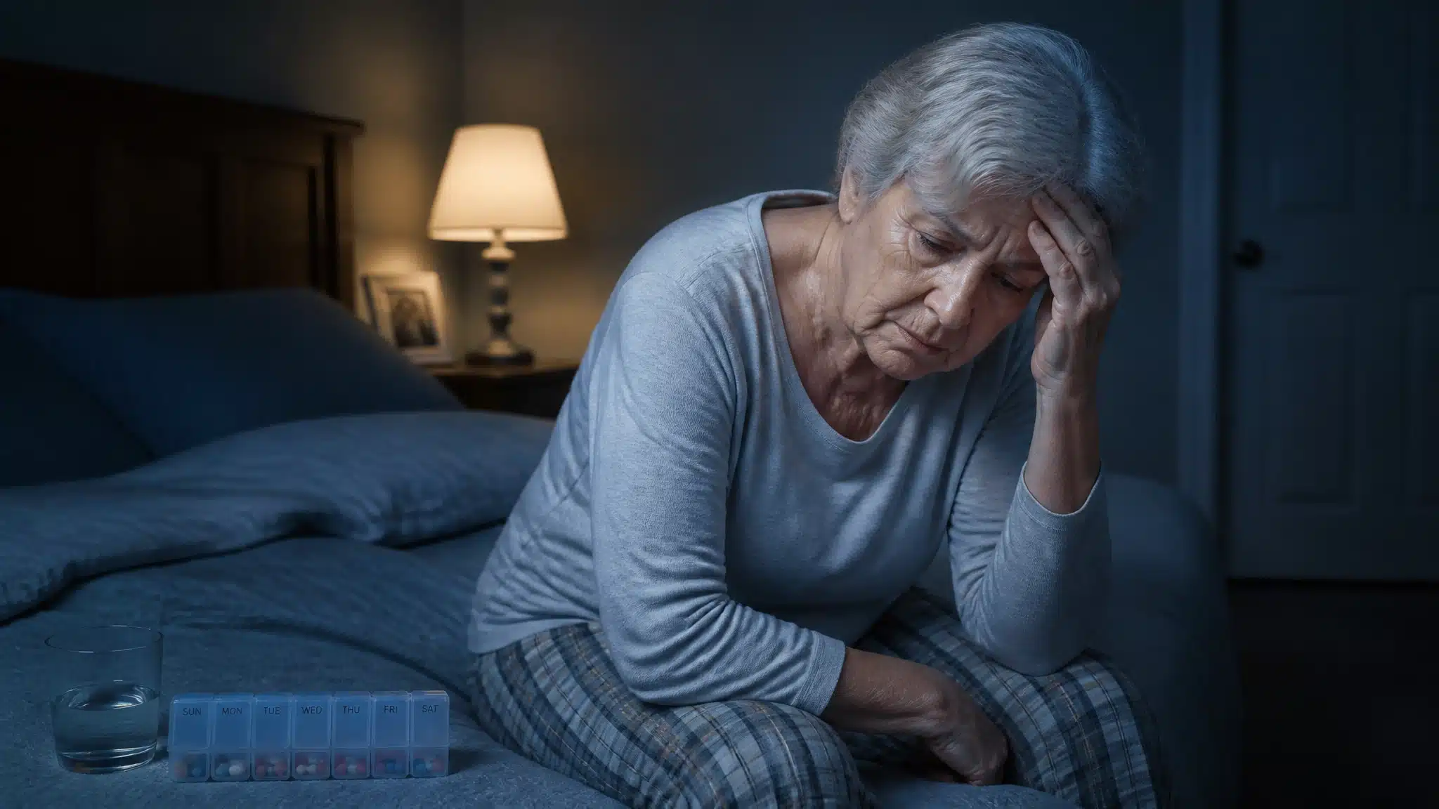 Older woman sitting distressed on a bed beside a pill organizer and glass