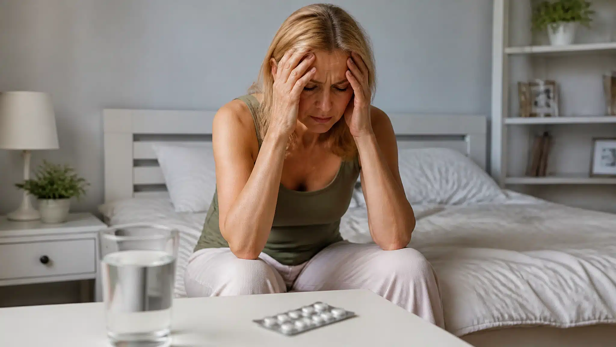 Distressed woman sitting on a bed beside pills and a glass of water