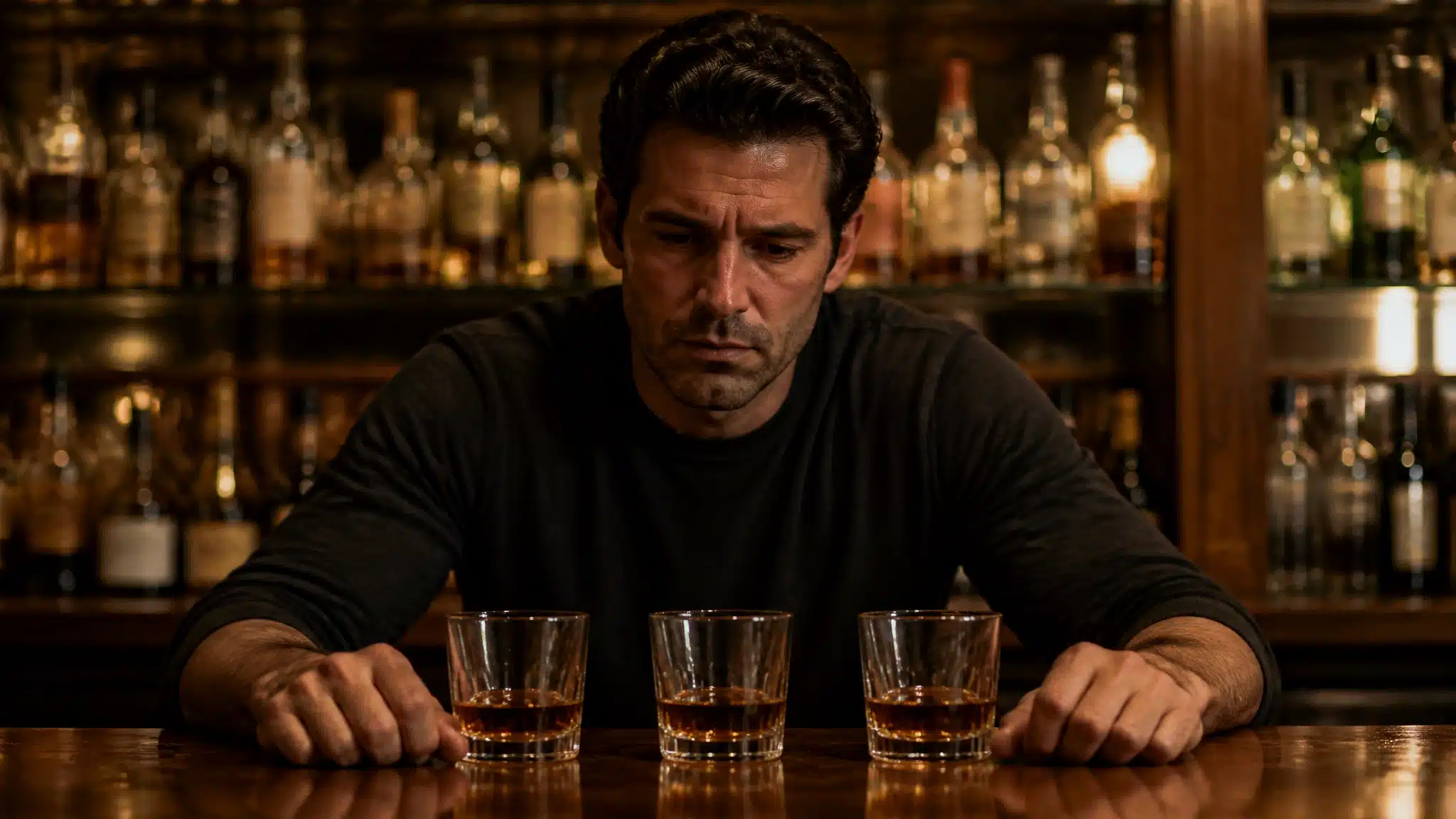 Man sitting at a bar with three glasses of whiskey