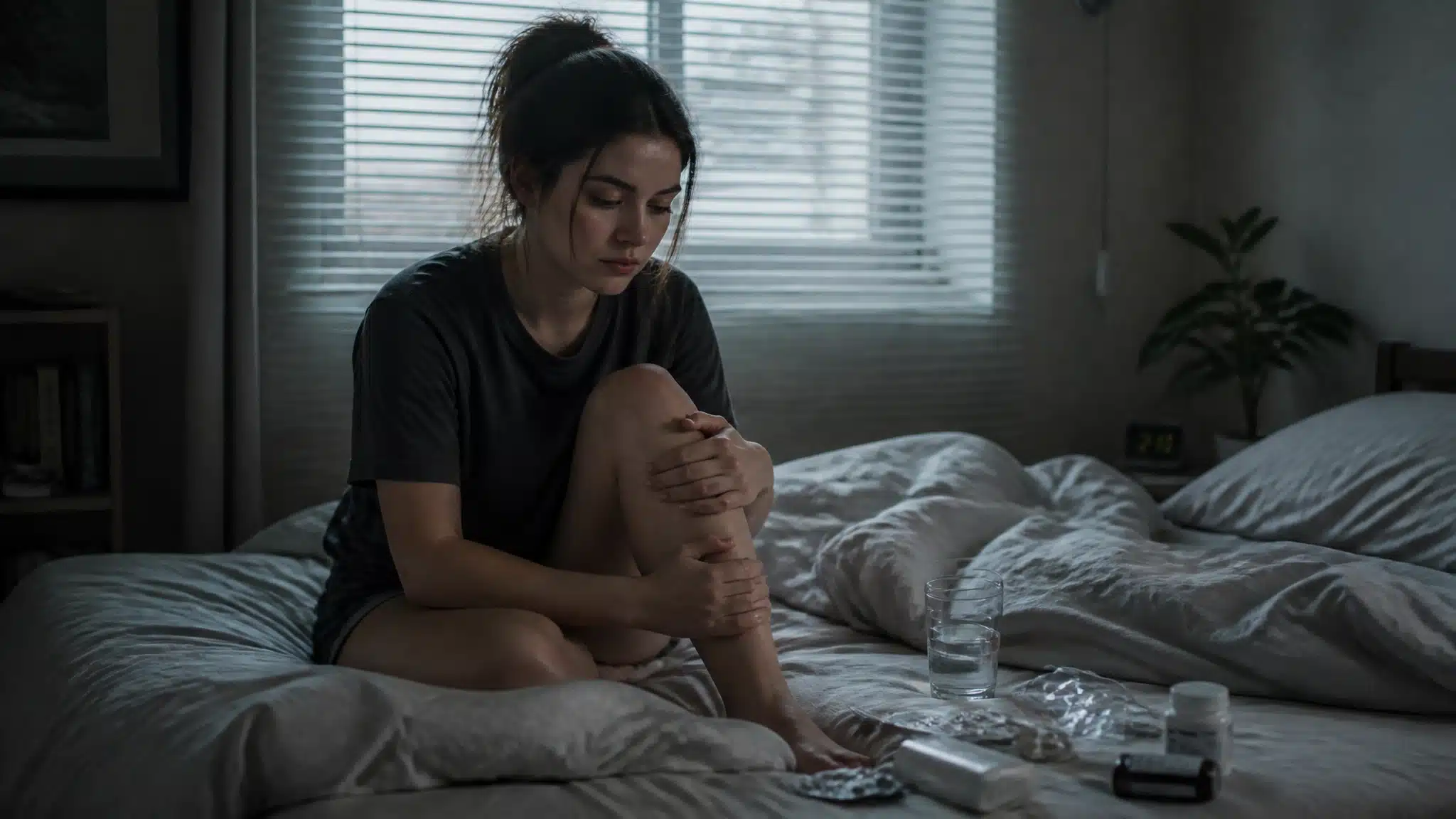 Woman sitting on a bed beside medication and a glass of water