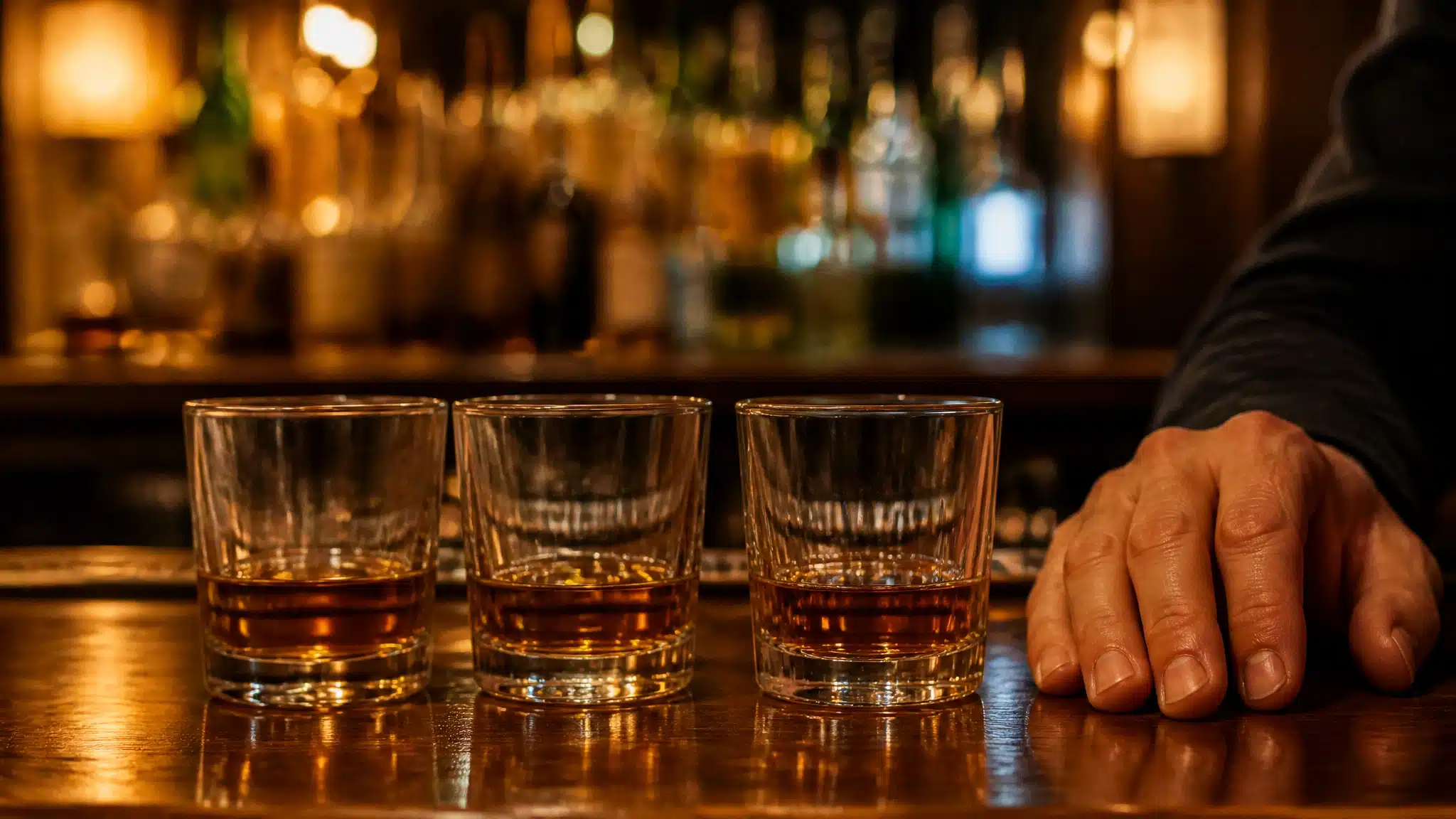 Three glasses of whiskey lined up on a bar counter