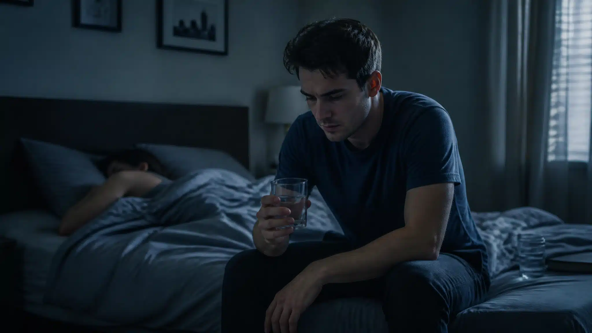 Young man sitting on a bed holding a glass beside another person