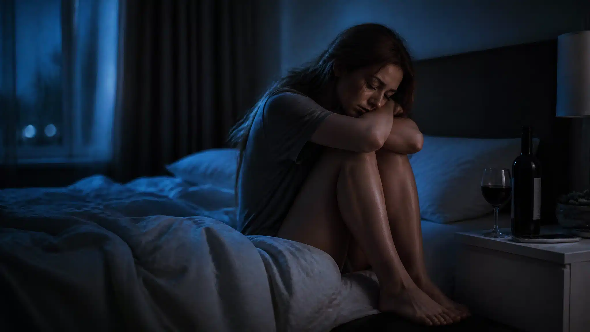 Woman sitting distressed on a bed beside a wine bottle and glass
