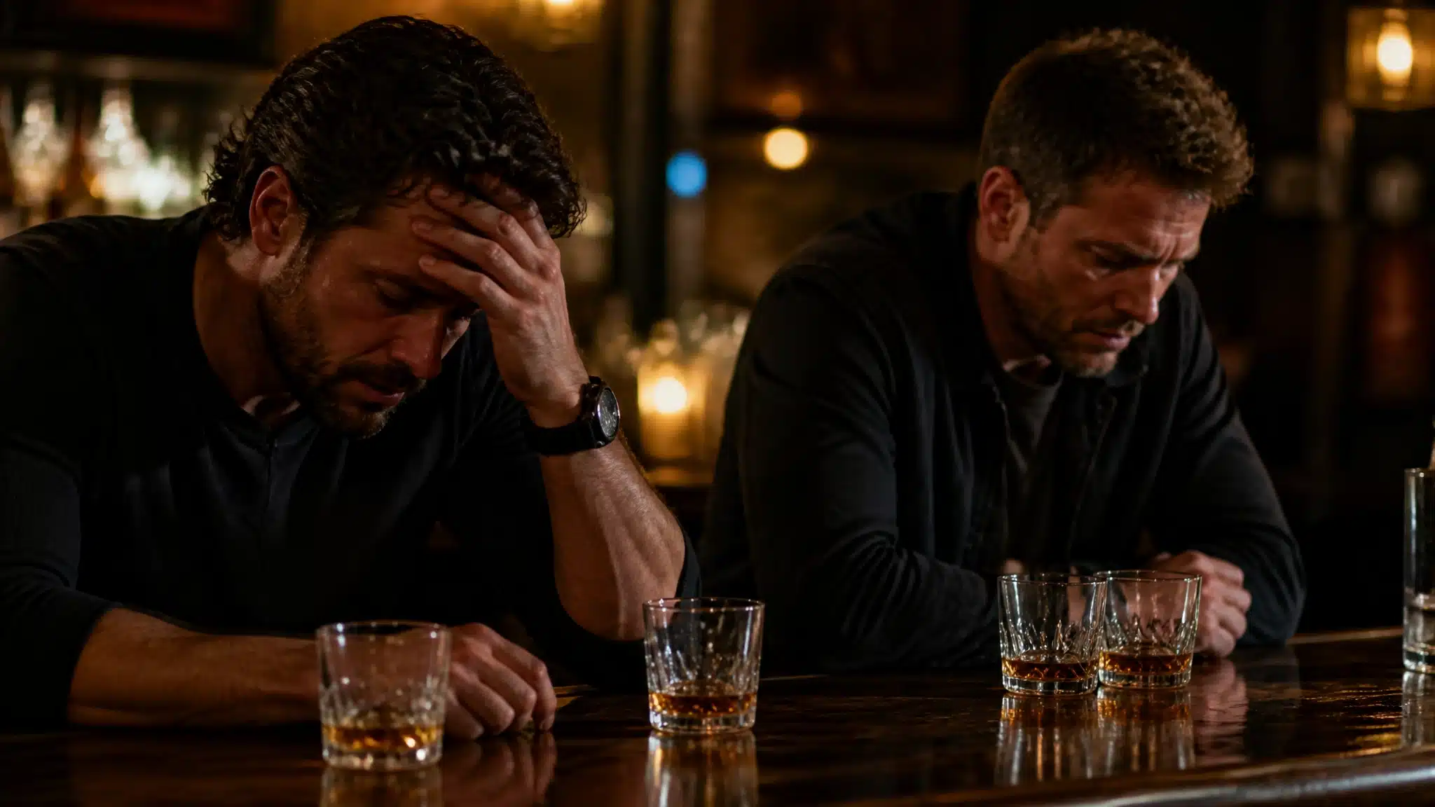Two men sitting at a bar with several glasses of whiskey