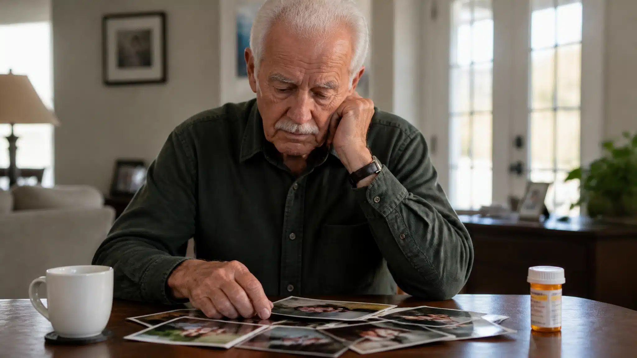 Older man looking at family photos on a dining table