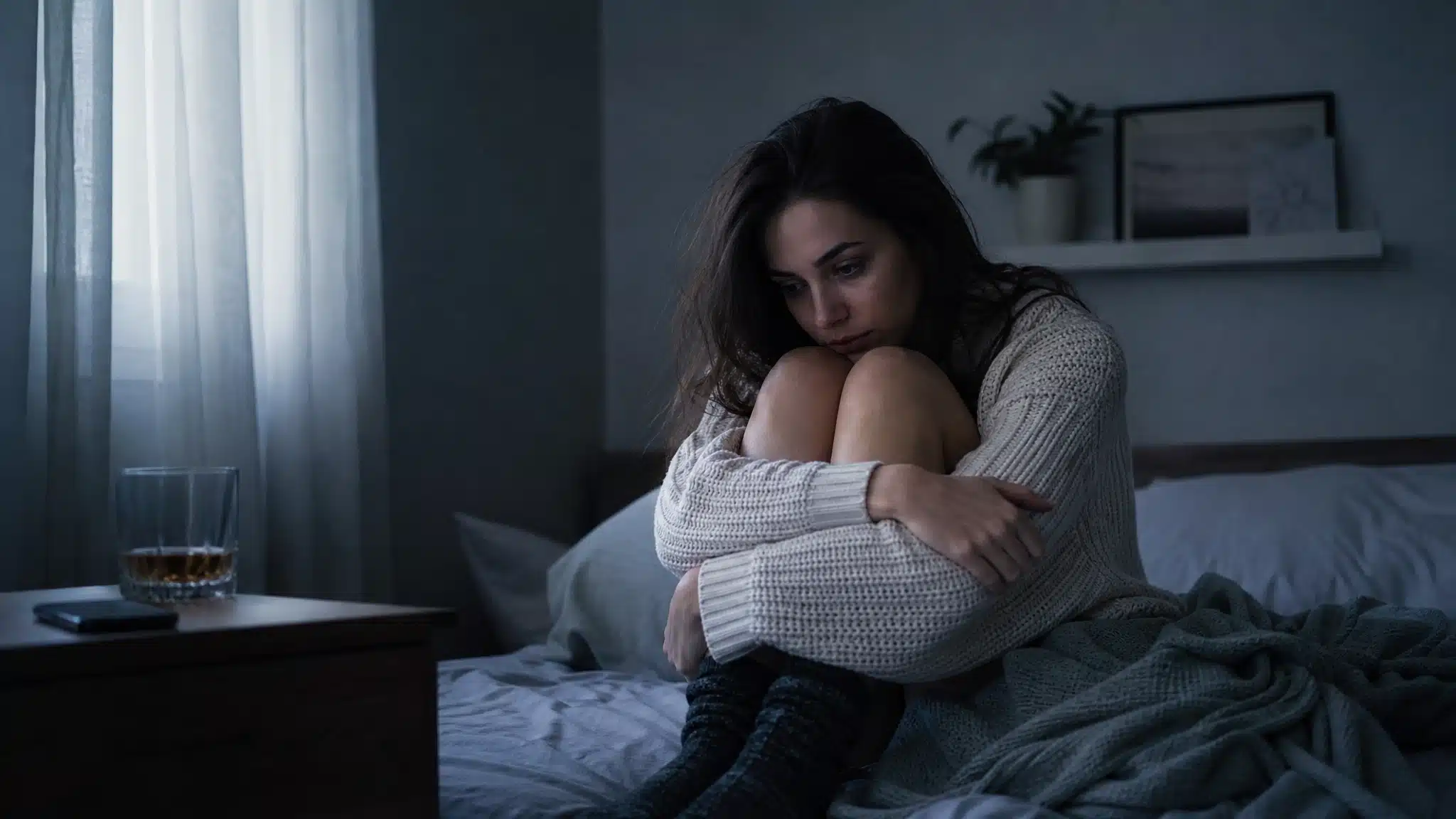 Woman sitting alone on a bed beside a glass of alcohol