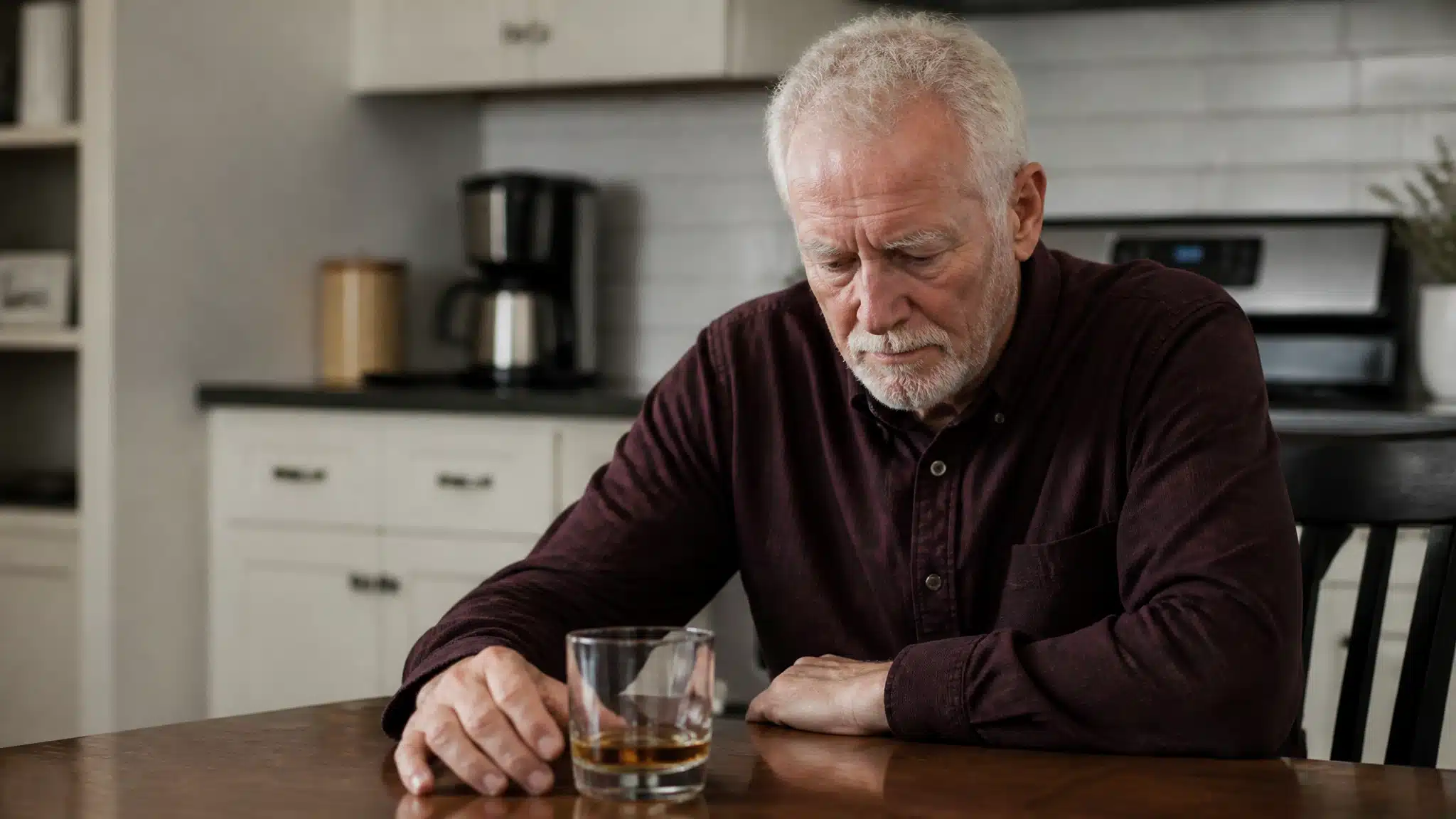 Older man staring at a glass of whiskey on a kitchen table