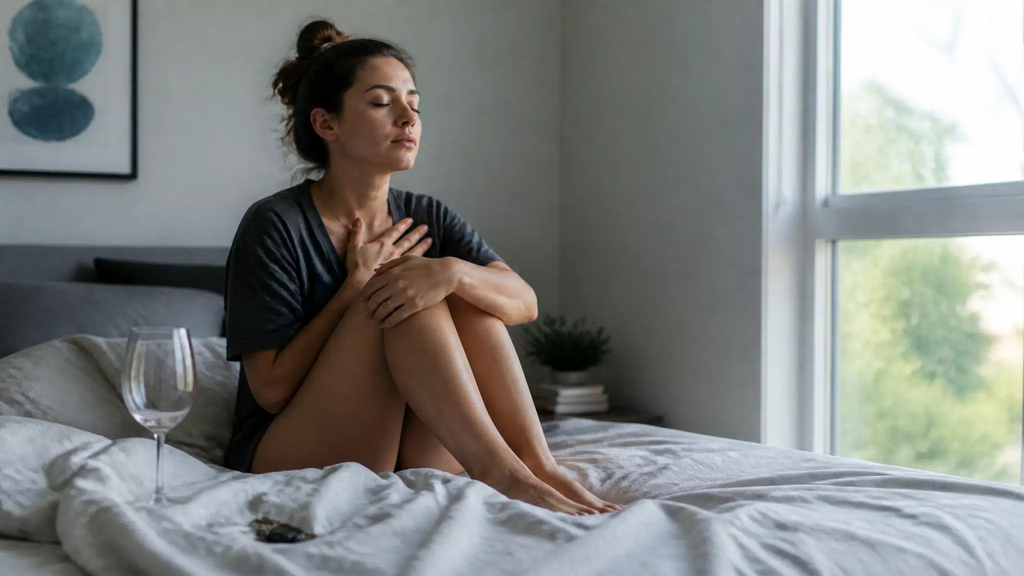 Woman sitting on a bed with eyes closed and hand on her chest
