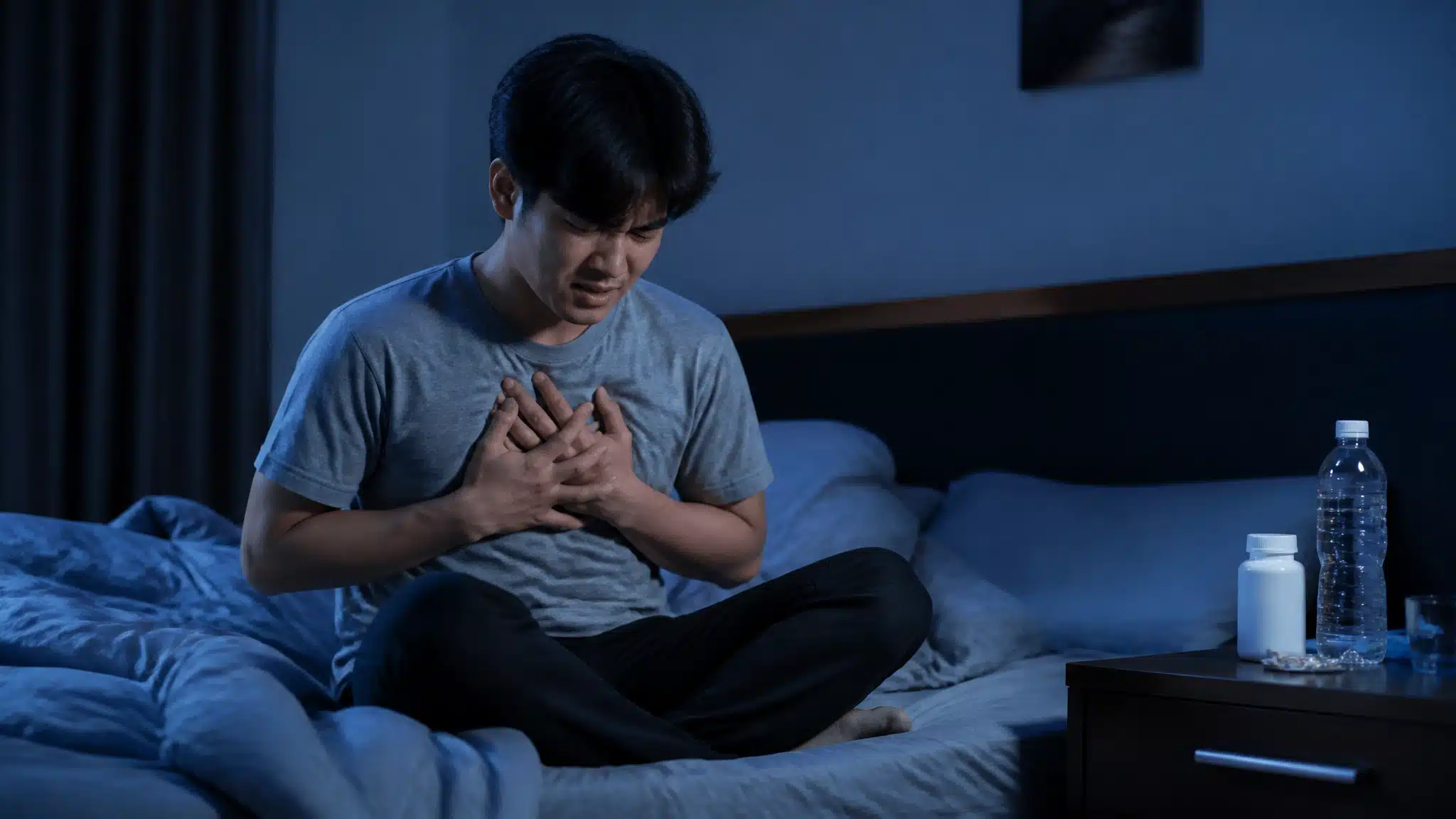 Man sitting on a bed holding his chest in discomfort